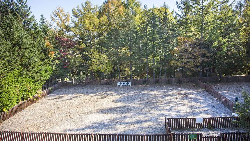 ドッグラン 長野県・軽井沢の愛犬と泊まれる宿「CARO FORESTA 軽井沢 GIARDINO(カーロフォレスタ軽井沢ジャルディーノ)」|軽井沢の豊かな森に囲まれた広いウッドチップドッグランの全景