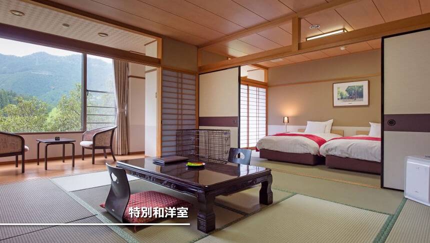 特別和洋室 わんわんパラダイス 松阪の広々とした「特別和洋室」。畳スペースとベッド完備の快適空間。