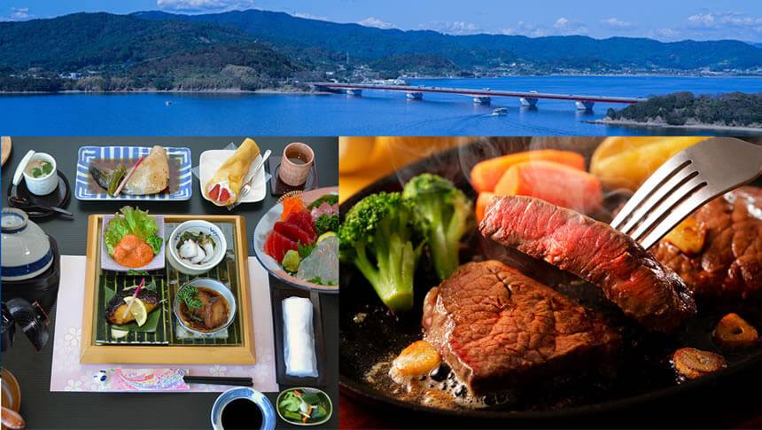 浜名湖の景色と和食料理、ステーキを紹介するペロはまなこの食事イメージ