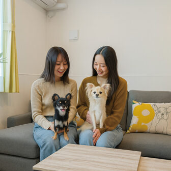ペット同伴でくつろげるリビング。ソファに座る女性2人と、楽しそうに抱かれる小型犬の様子｜大阪府大阪ベイエリアの一棟貸しの犬と泊まれる宿 ｜専用駐車場付き一棟貸しの宿｜カーサステラ 8 by リエゾン