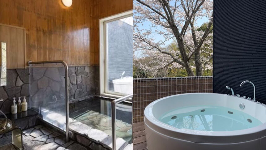 木の温もりと石造りの落ち着いた内湯、窓から自然光が差し込む温泉浴場と露天風呂から満開の桜を眺めながら癒やしのひとときを過ごせる宿｜犬と泊まれる兵庫県淡路島の宿｜広大な天然芝のドッグランとプールが魅力！｜ガーデンリゾート淡路島