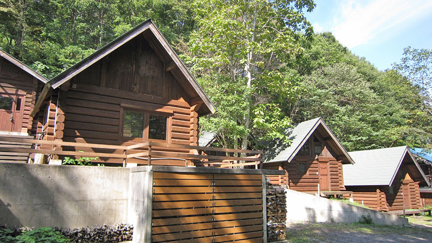 ログコテージさくら｜澄み切った青空の下、鮮やかな緑の木々に囲まれたログハウス。手前には、手入れされた砂利道と薪棚がある