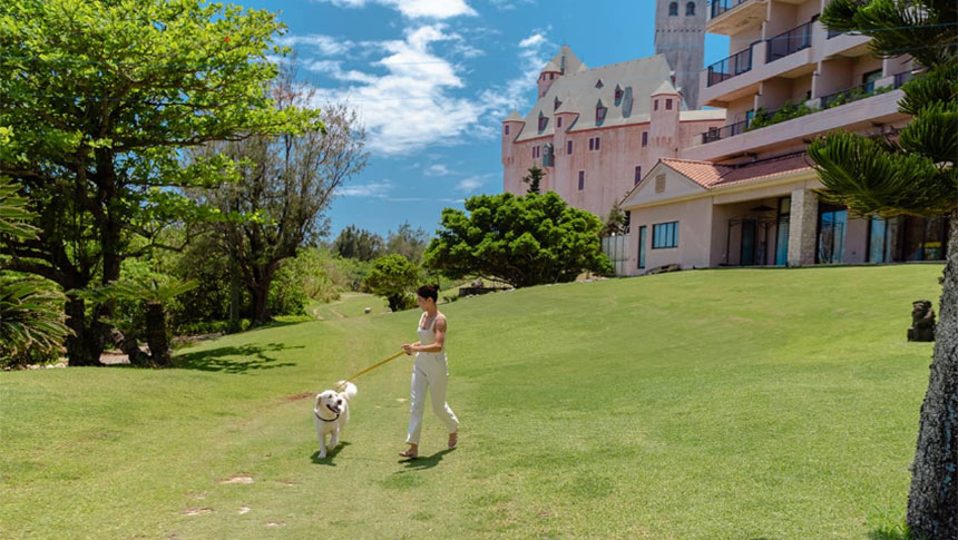 ホテルブリーズベイマリーナ｜青空の下、芝生の広場を白い大型犬と一緒に散歩する女性。背景には上野ドイツ文化村の建物が見える。