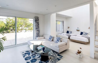 白を基調としたHotel Sea Shellホテルシーシェルの清潔感あふれる客室。オーシャンビューの大きな窓、リビングスペース、ベッド、そして室内を歩く小型犬の様子。｜犬と泊まれる静岡県の宿