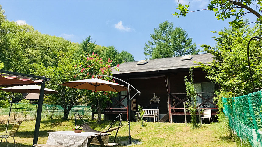 山梨県・清里の犬と泊まれる宿「清里レストラン&コテージ睦(BOKU)」｜緑豊かな森を背景にした、木造のログハウス風コテージの庭。青空の下、テーブル、ベンチ、日よけパラソル、ハンモックが設置され、リラックスできるプライベートな空間が広がっている。