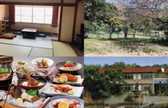 三重県・渡鹿野島のペットと泊まれる宿「わたかの荘」の紹介画像。落ち着いた和室、緑豊かな屋外ドッグラン、豪華な伊勢海老尽くしの会席料理、旅館の外観