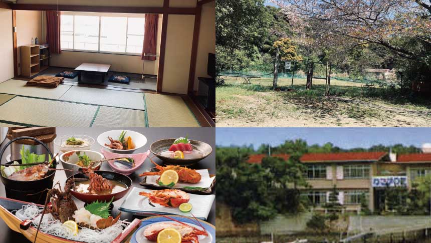 三重県・渡鹿野島のペットと泊まれる宿「わたかの荘」の紹介画像。落ち着いた和室、緑豊かな屋外ドッグラン、豪華な伊勢海老尽くしの会席料理、旅館の外観