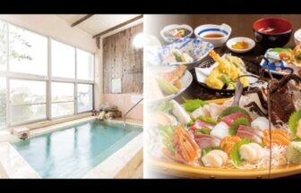 和歌山県白浜の宿「ベイリリィ 国民宿舎しらゆり荘」の紹介画像。大きな窓から光が差し込む清潔感のある大浴場と、伊勢海老の刺身や天ぷらなど、地元の海の幸をふんだんに使った豪華な海鮮会席料理。