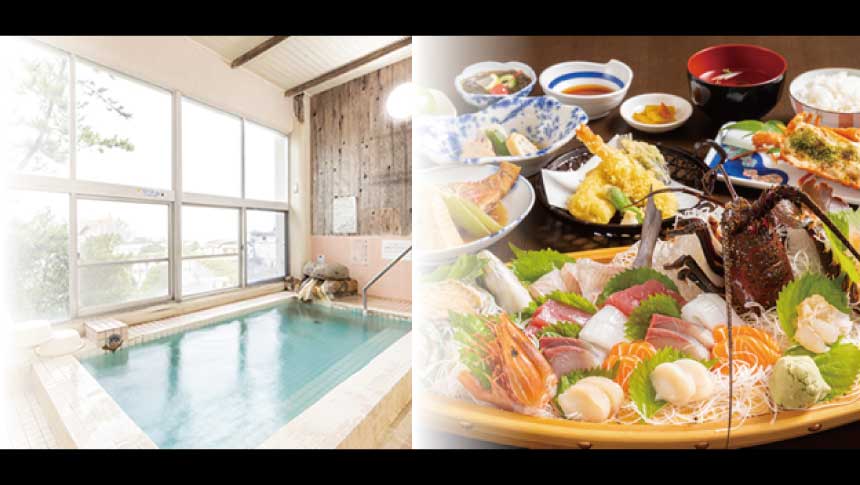 和歌山県白浜の宿「ベイリリィ 国民宿舎しらゆり荘」の紹介画像。大きな窓から光が差し込む清潔感のある大浴場と、伊勢海老の刺身や天ぷらなど、地元の海の幸をふんだんに使った豪華な海鮮会席料理。