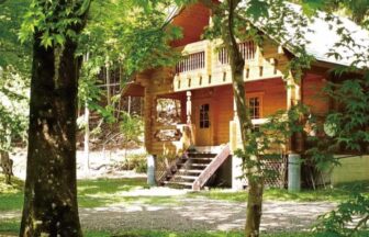 鳥取県鳥取市にあるペットと泊まれる宿「フォレストリア用瀬」のフィンランド製ログハウス外観。豊かな新緑に囲まれた静かなコテージ。