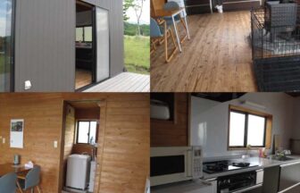 鹿児島・霧島にあるペット同伴専用宿「コテージPOSY」の内観コラージュ写真。大型犬用の大きなケージが設置されたリビング、システムキッチン、洗濯機付きの洗面所、自然豊かな窓辺の外観が写っている。