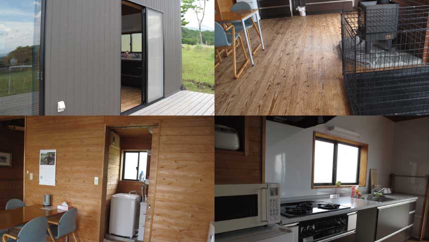 鹿児島・霧島にあるペット同伴専用宿「コテージPOSY」の内観コラージュ写真。大型犬用の大きなケージが設置されたリビング、システムキッチン、洗濯機付きの洗面所、自然豊かな窓辺の外観が写っている。