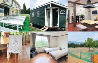 新潟県妙高高原のペットと泊まれる宿「LODGE B＆W」の外観、ドッグラン、清潔感のある客室、アットホームなラウンジをまとめた紹介画像