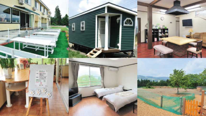 新潟県妙高高原のペットと泊まれる宿「LODGE B＆W」の外観、ドッグラン、清潔感のある客室、アットホームなラウンジをまとめた紹介画像