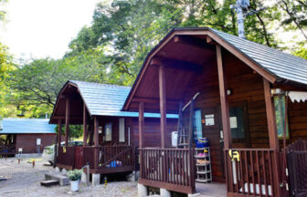 那須高原にある「cottage WANS（コテージわん’S）」の木造コテージの外観。緑豊かな自然の中に青い屋根のログハウスが並ぶ様子。