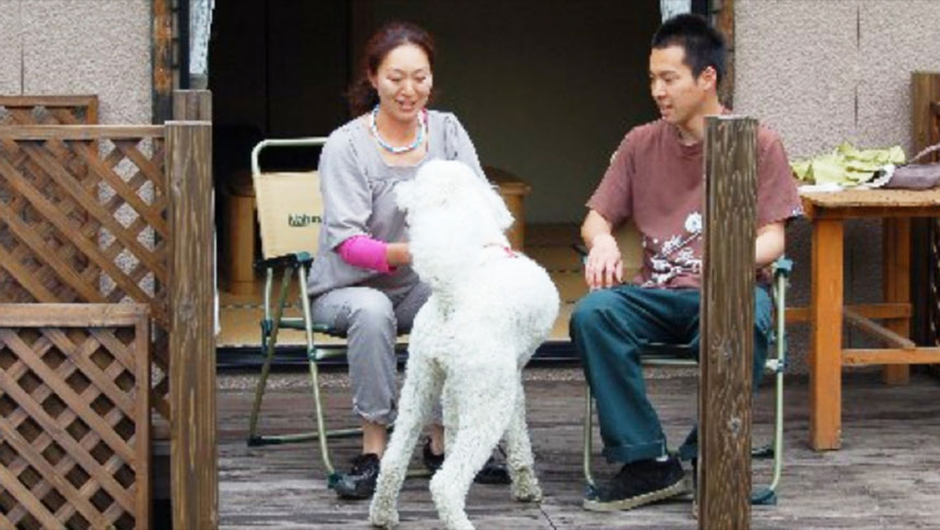 長野県・白馬にある犬と泊まれる宿「一の倉荘 別邸 白馬」のテラス席で、折りたたみ椅子に座ってくつろぐ男女。手前には大きな白いプードル犬が立っており、二人が笑顔で見守っている。
