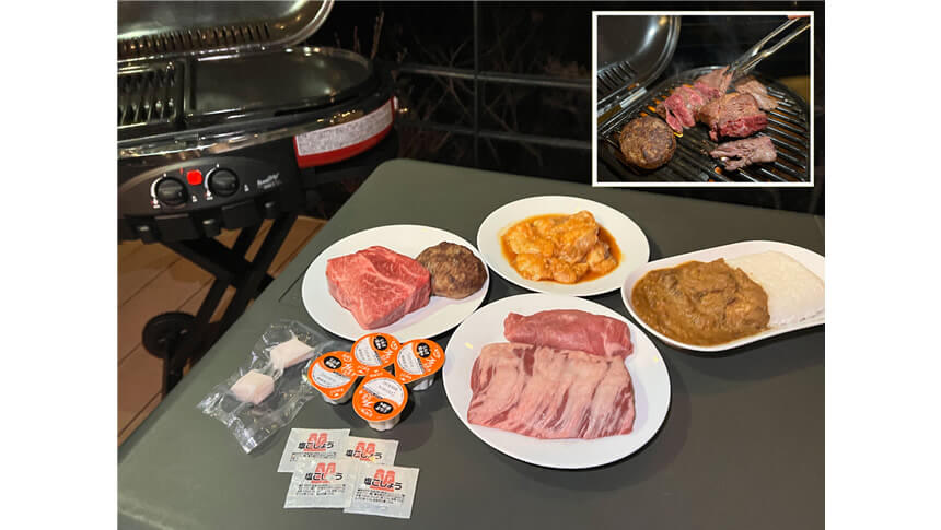静岡県・熱海の犬と泊まれる宿「エンゼルフォレスト貸別荘」｜エンゼルフォレスト貸別荘のBBQ（バーベキュー）食材セット。テラスで味わう贅沢なお肉とハンバーグ