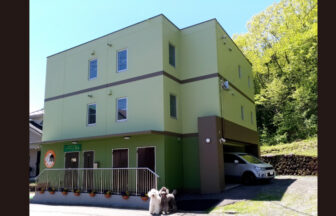 新緑の木々に囲まれた草津温泉のコンドミニアム「フラットレット草津」の外観。建物の前で2匹の大型犬（プードルとシープドッグ）が立っている。