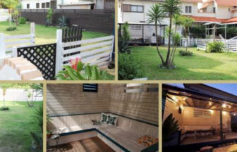 西伊豆の温泉宿「きがるな・・宿・シーガル」のドッグラン。芝生の庭、白いフェンス、ウッドデッキの昼と夜の様子をまとめたコラージュ写真。