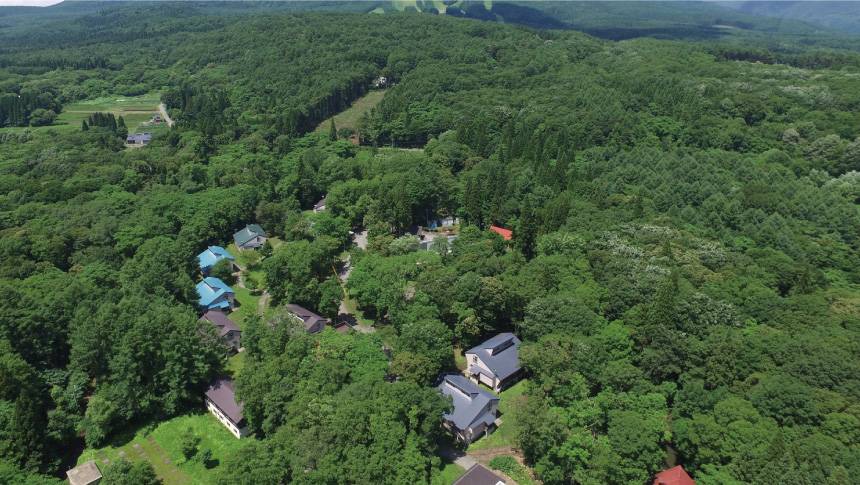 広大な森に囲まれたラボランドくろひめ。自然と一体化した静かな環境で、夏の爽やかな避暑地として人気です。｜長野県の黒姫高原にある犬と泊まれる宿｜森の中の戸建ロッジでペットと過ごす休日を｜ラボランドくろひめ