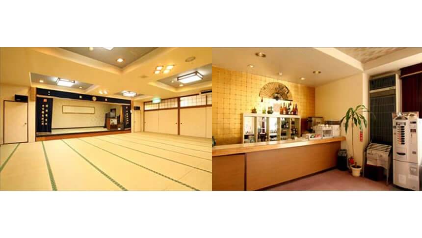 群馬県伊香保温泉 ホテルいかほ銀水の大広間と館内ラウンジ・喫茶コーナー