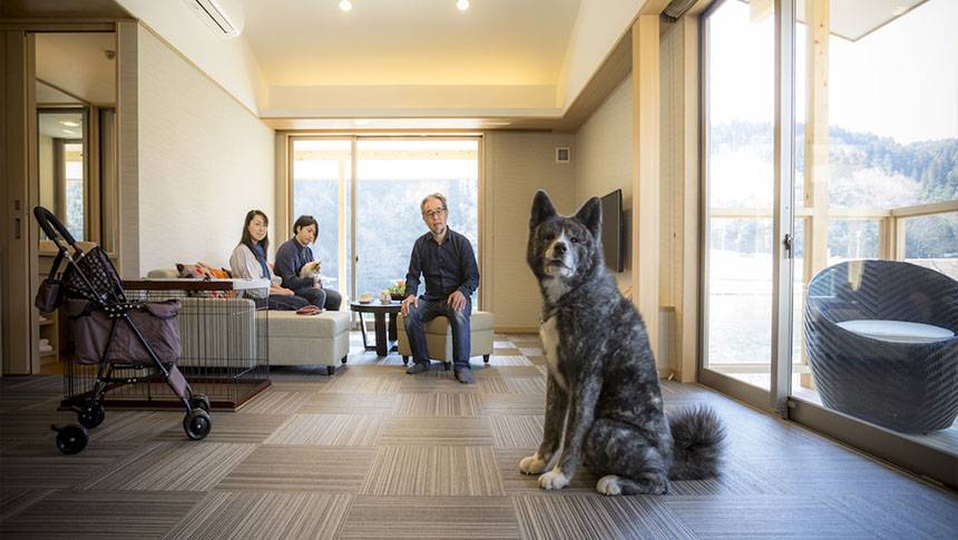 岡山県の愛犬と泊まれる宿「わんこあん」の客室リビングで、愛犬（秋田犬）と過ごす家族。大型犬も一緒に泊まれる、犬と泊まれる宿の客室。