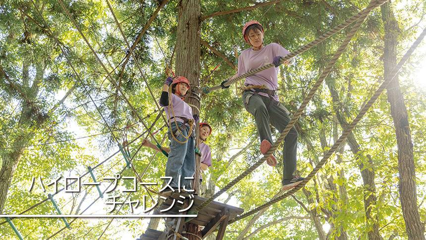 長野県黒姫高原のラボランドくろひめ。森の木々に設置されたハイロープコースに挑戦する人々