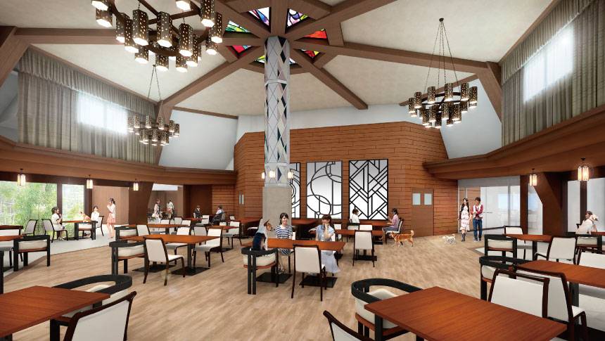 わんわんパラダイス伊豆高原の天井の高いレストラン