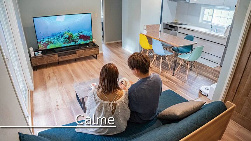 静岡県・伊豆高原の犬と泊まれる宿　ゆがふ「伊豆」｜calmaのモダンなリビングで、ソファに座って愛犬とふれあいながらテレビを見るカップル。明るい木目の床とカラフルなダイニングチェアが印象的なインテリア