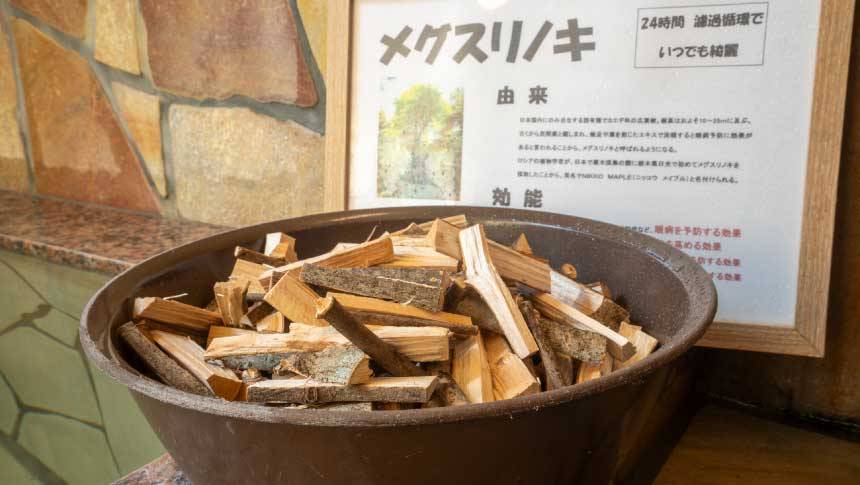 あにまる御殿の浴場に備えられたメグスリノキ。自然の香りを楽しむ癒しの温泉