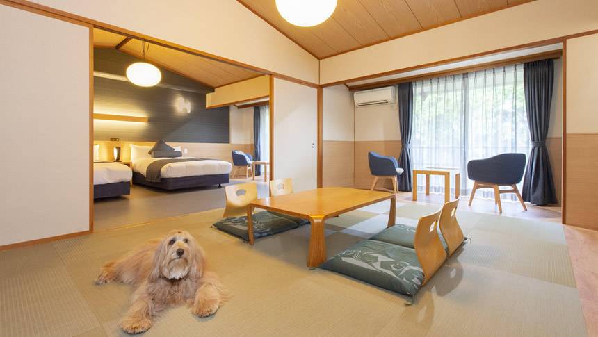 畳の落ち着いた和の空間と、ベッドの洋の快適さを併せ持つ和洋室。愛犬がのんびりと寝転べる広さがあり、家族みんなでくつろげるスタイル。窓から見える景色とともに、非日常の時間を楽しめます。｜犬と泊まれる静岡県のホテル｜Wan's Resort　城ヶ崎海岸