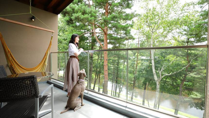 レジーナリゾート軽井沢御影用水の客室バルコニー。御影用水の絶景を望む、愛犬と一緒にくつろげる、椅子とテーブル、ハンモック付きの開放的なテラス