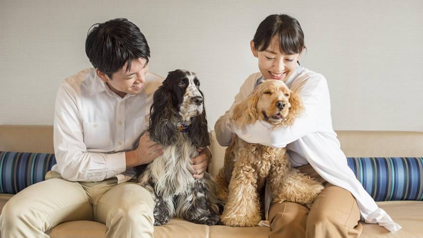 山中湖の犬と泊まれる宿わんわんパラダイス プレミアにて、ソファで笑顔で愛犬を抱きかかえる夫婦