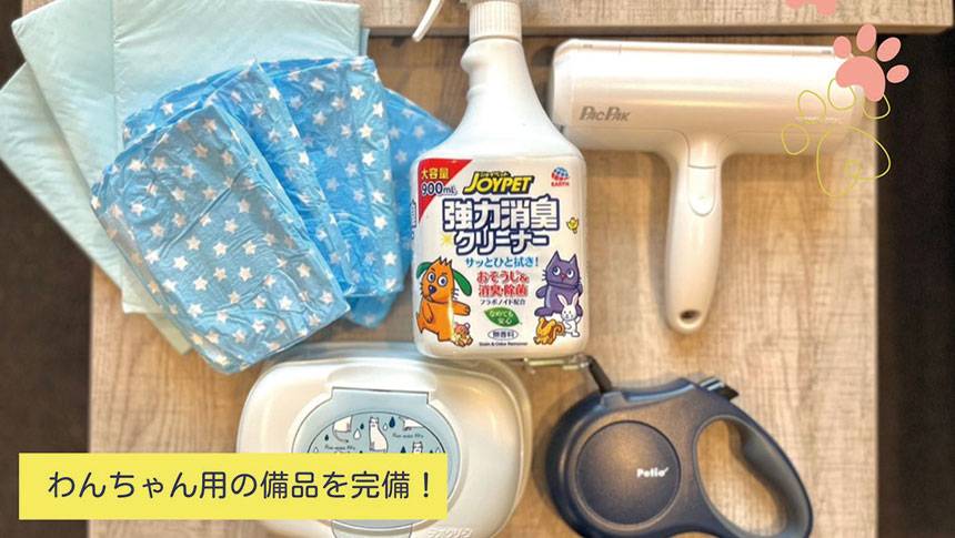大阪・大阪ベイエリアの犬と泊まれる宿「カーサステラ10byリエゾン」｜木目調のテーブルの上に、ペットシーツ、星柄のマナーウェア、ジョイペットの消臭スプレー、コロコロ（粘着クリーナー）、ウェットティッシュ、ペティオの伸縮リードが並べられている。