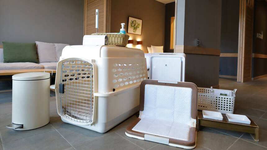 レジーナリゾート軽井沢御影用水の充実した愛犬用アメニティ。客室に用意されたクレート、トイレシート、食器、空気清浄機など