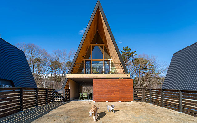 青空の下、スタイリッシュなAフレーム型（三角屋根）の貸切コテージ。建物の前には専用の広いプライベートドッグランがあり、大型犬と小型犬がのびのびと遊んでいる様子。2階のバルコニーからは那須の自然を眺めることができ、愛犬との贅沢なプライベートステイを象徴する外観。