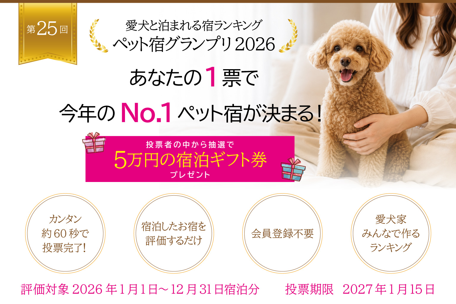 愛犬と泊まれる宿ランキング 第25回ペット宿グランプリ2026 愛犬家みんなで決めるラインキング投票受付中!